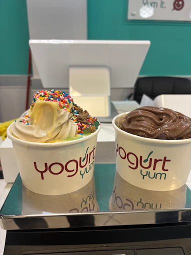 Two cups of frozen yogurt with sprinkles and Dutch chocolate