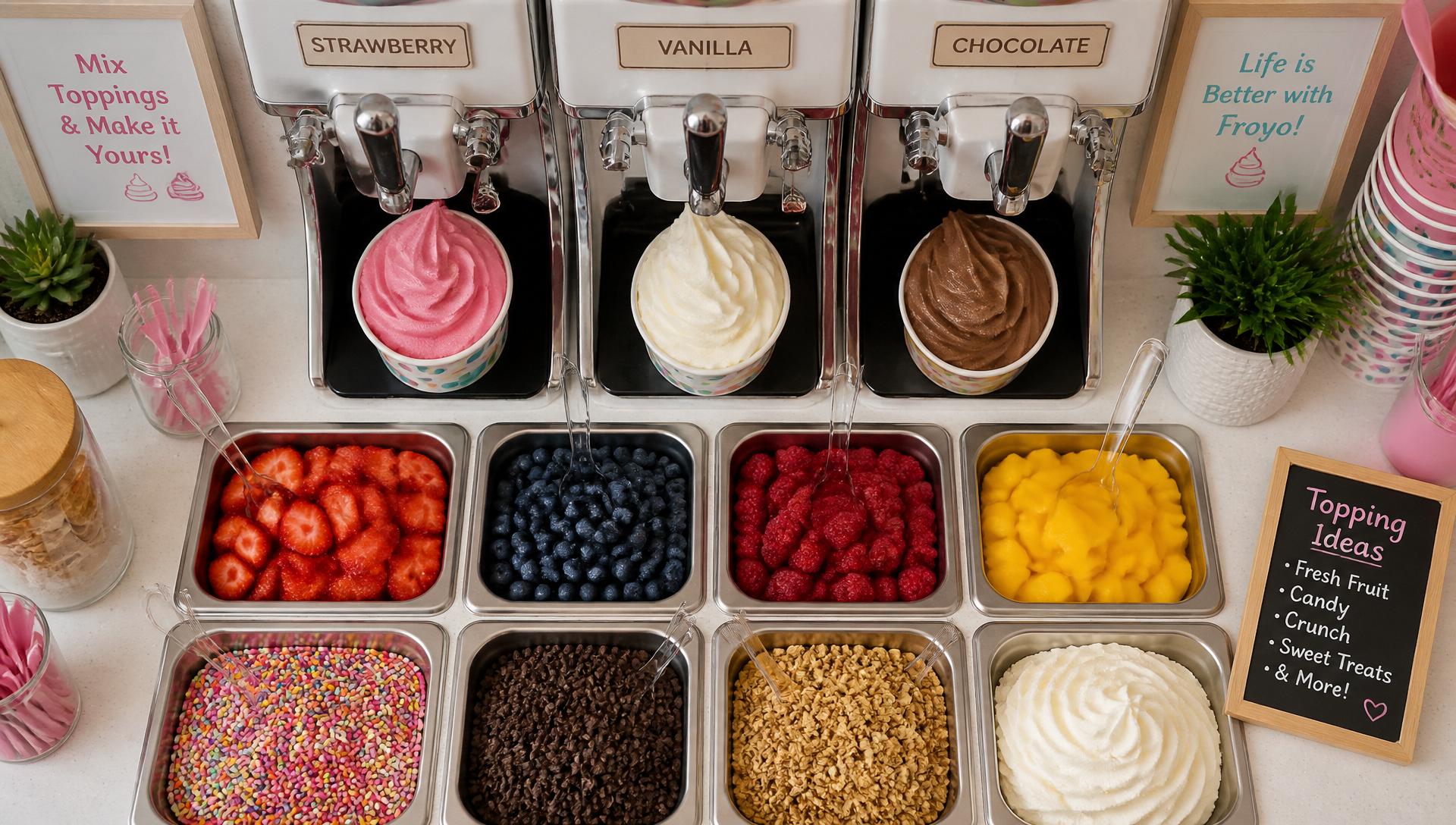 Frozen yogurt topping bar with fresh fruit, sprinkles, and yogurt machines